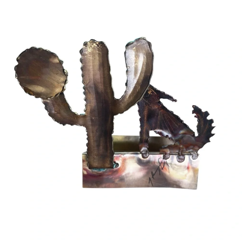 Business Card Holder Southwestern Metal – Coyote, Cactus & Sun Rustic Desk Decor